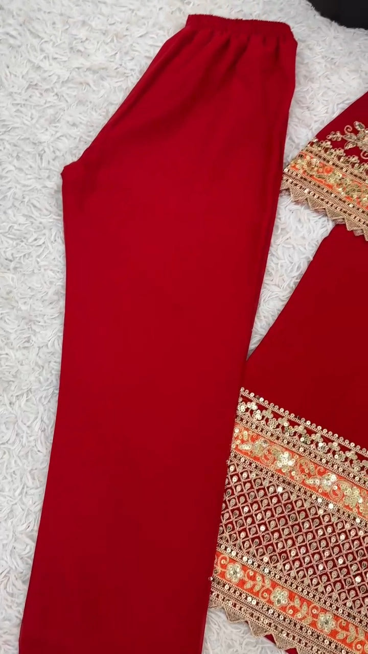 Faux Georgette Printed Gown with Stitched Pant & Dupatta | Mirror & Lace Work