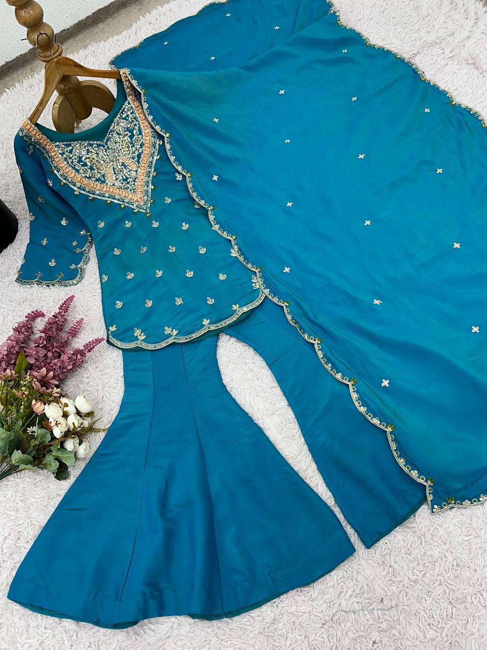 Simar Silk Collection | Embroidered Top-Bottom & Faux Georgette Dupatta Set