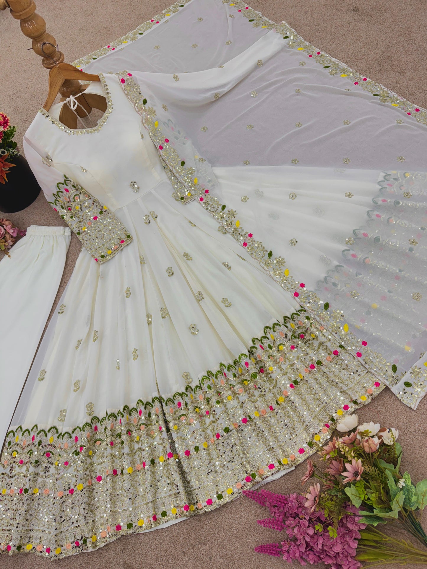 Premium Heavy Georgette Embroidered Gown Set with Pant & Dupatta