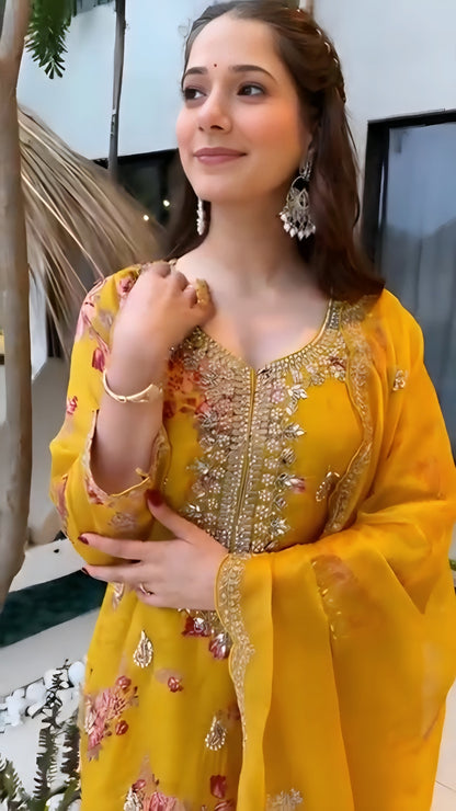 Premium Kundan Organza Embroidered Suit with Stone Mirror Work, Pant & Dupatta | Fully Stitched