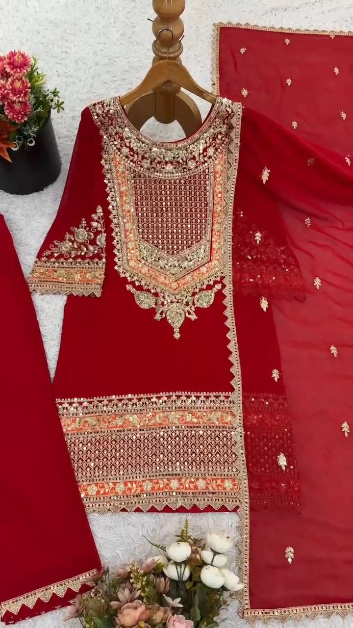 Faux Georgette Printed Gown with Stitched Pant & Dupatta | Mirror & Lace Work