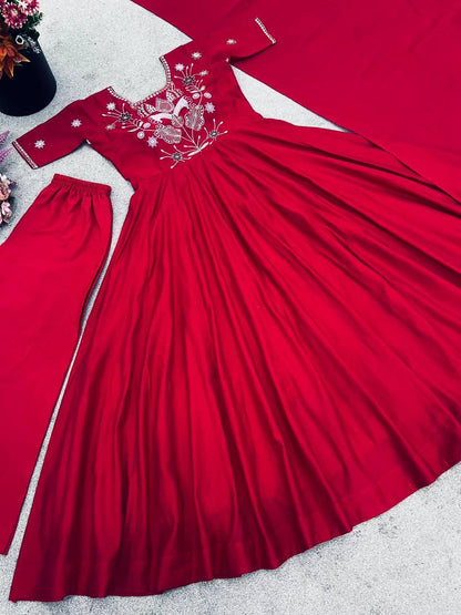 Premium Roman Simmer Silk Embroidered Gown Set with Pant & Dupatta