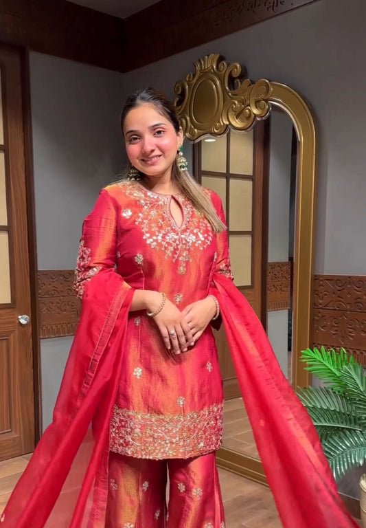 Premium Simar Silk Embroidered Top, Plazzo & Dupatta Set | Fully Stitched & Ready to Wear