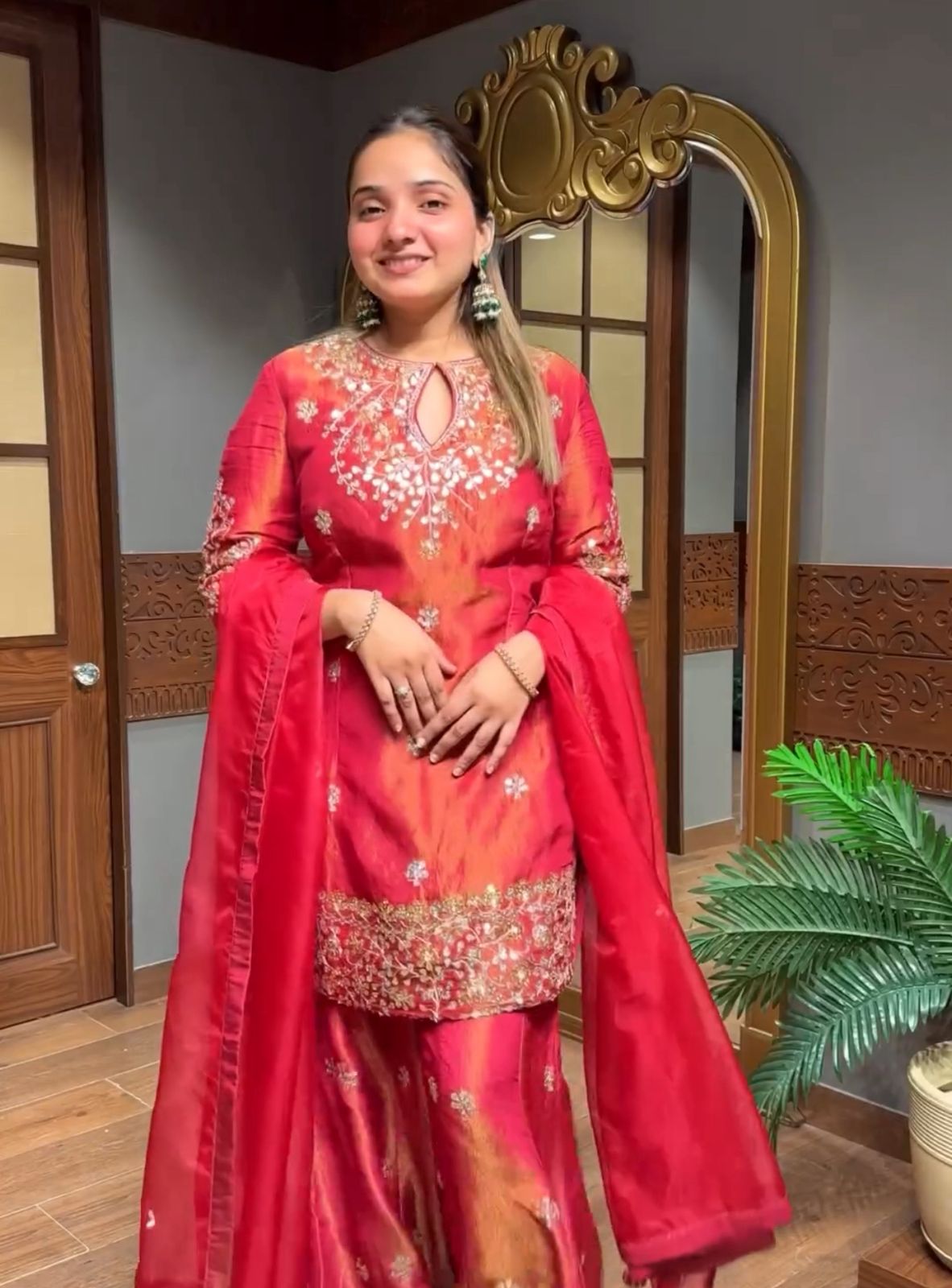 Premium Simar Silk Embroidered Top, Plazzo & Dupatta Set | Fully Stitched & Ready to Wear