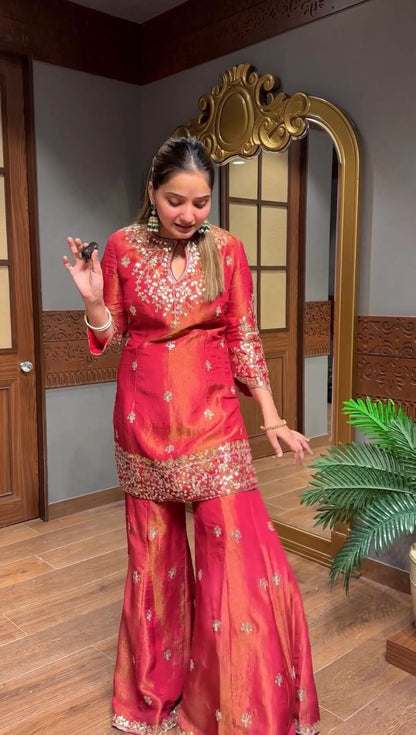 Premium Simar Silk Embroidered Top, Plazzo & Dupatta Set | Fully Stitched & Ready to Wear