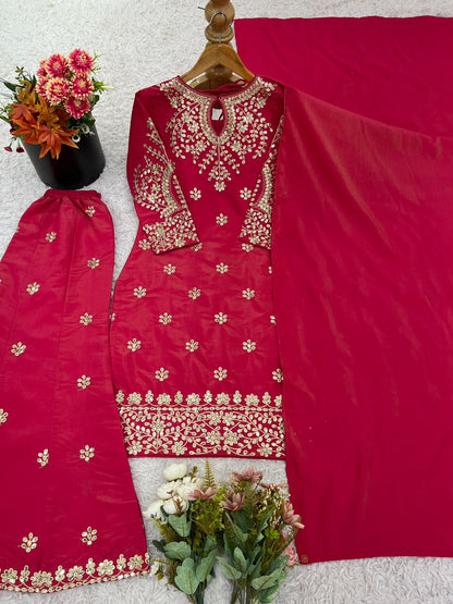 Premium Simar Silk Embroidered Top, Plazzo & Dupatta Set | Fully Stitched & Ready to Wear