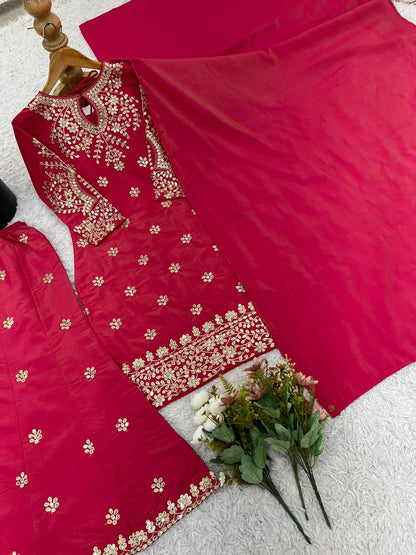 Premium Simar Silk Embroidered Top, Plazzo & Dupatta Set | Fully Stitched & Ready to Wear