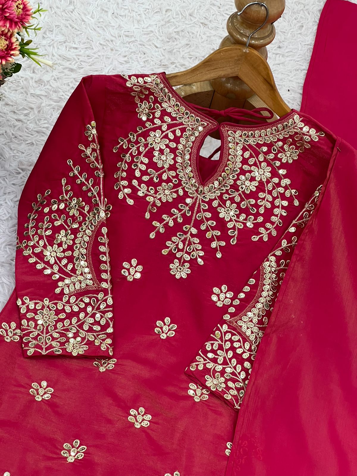 Premium Simar Silk Embroidered Top, Plazzo & Dupatta Set | Fully Stitched & Ready to Wear