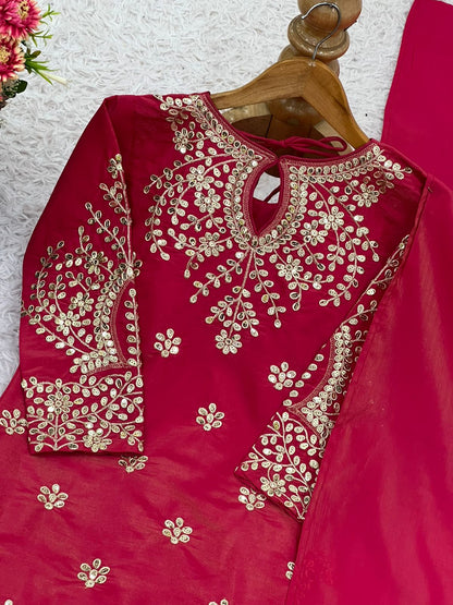 Premium Simar Silk Embroidered Top, Plazzo & Dupatta Set | Fully Stitched & Ready to Wear
