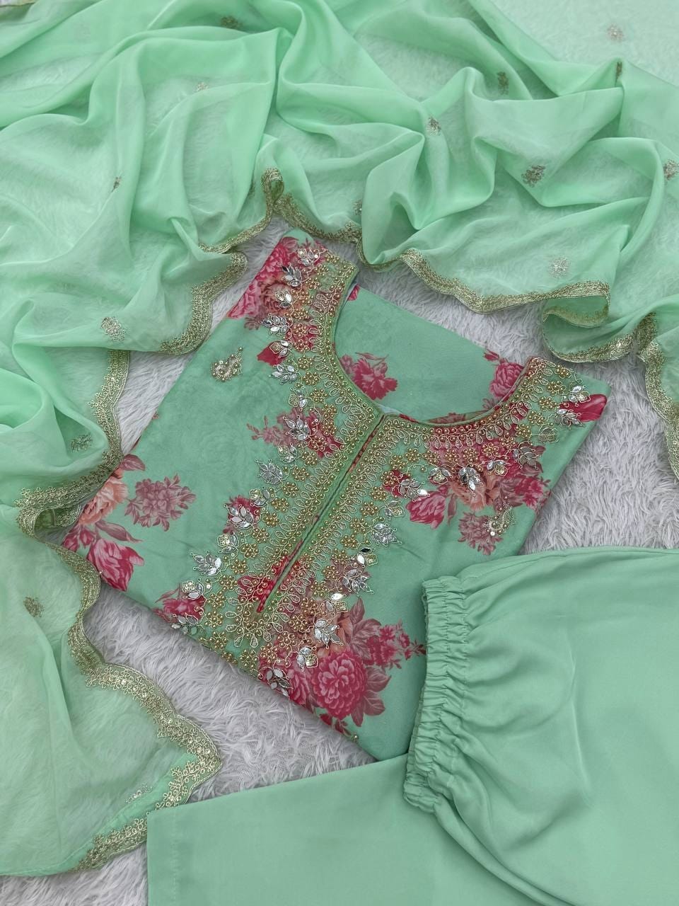 Premium Faux Georgette Embroidered Suit with Pant & Dupatta