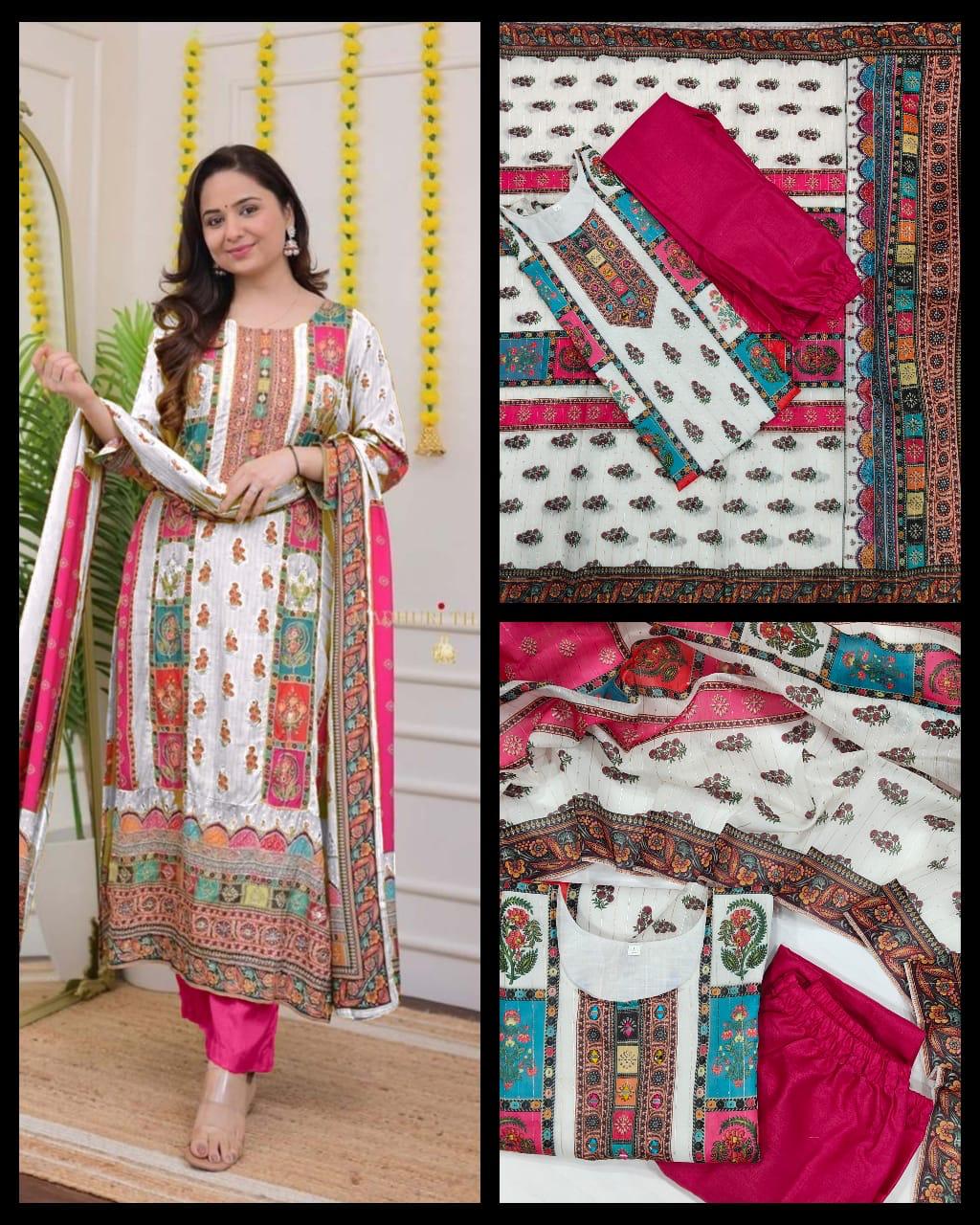 Ivory Pakistani Suit with Digital Prints, Sequin Embroidery & Lace Detailing | Sizes M-10XL