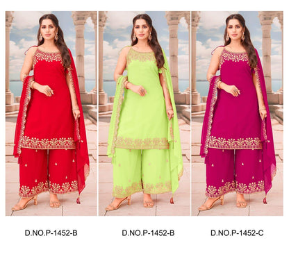 Premium Georgette Sharara Set with Heavy Embroidery Kurti and Matching Dupatta Design